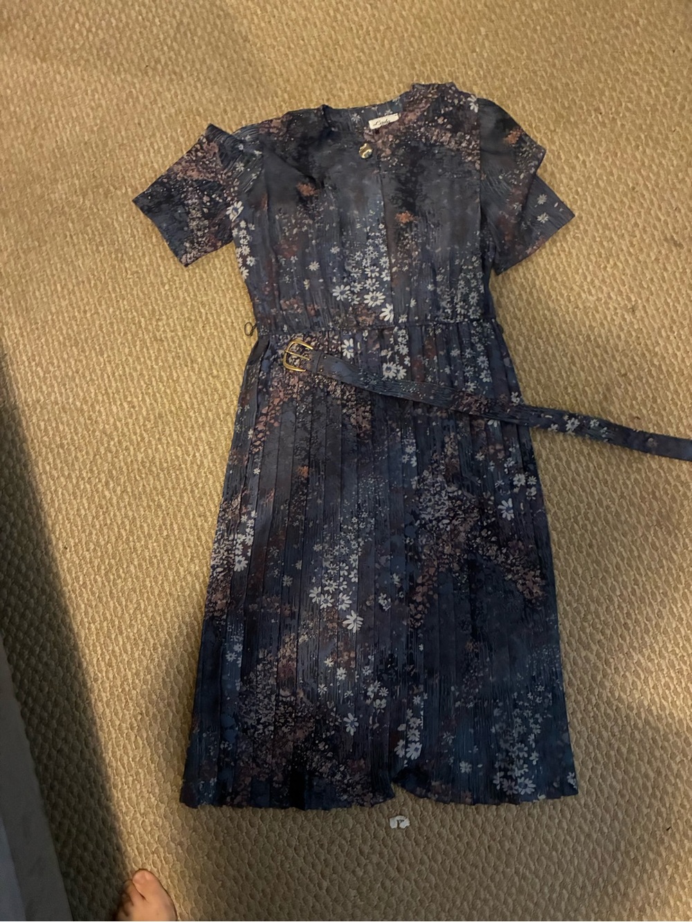 Vintage Navy Floral Pleated Belted Dress